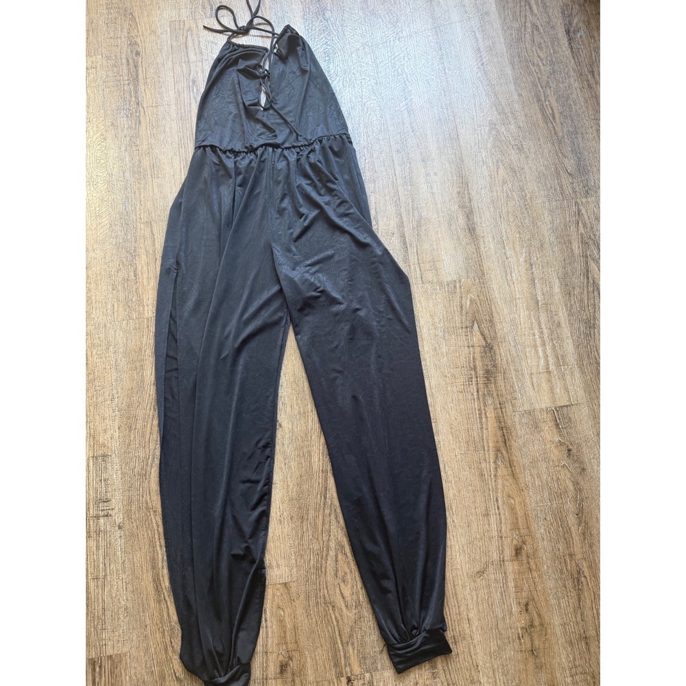 Sabora Black Halter Jumpsuit Harem Slit Leg Open Back Large 9838J Made in USA